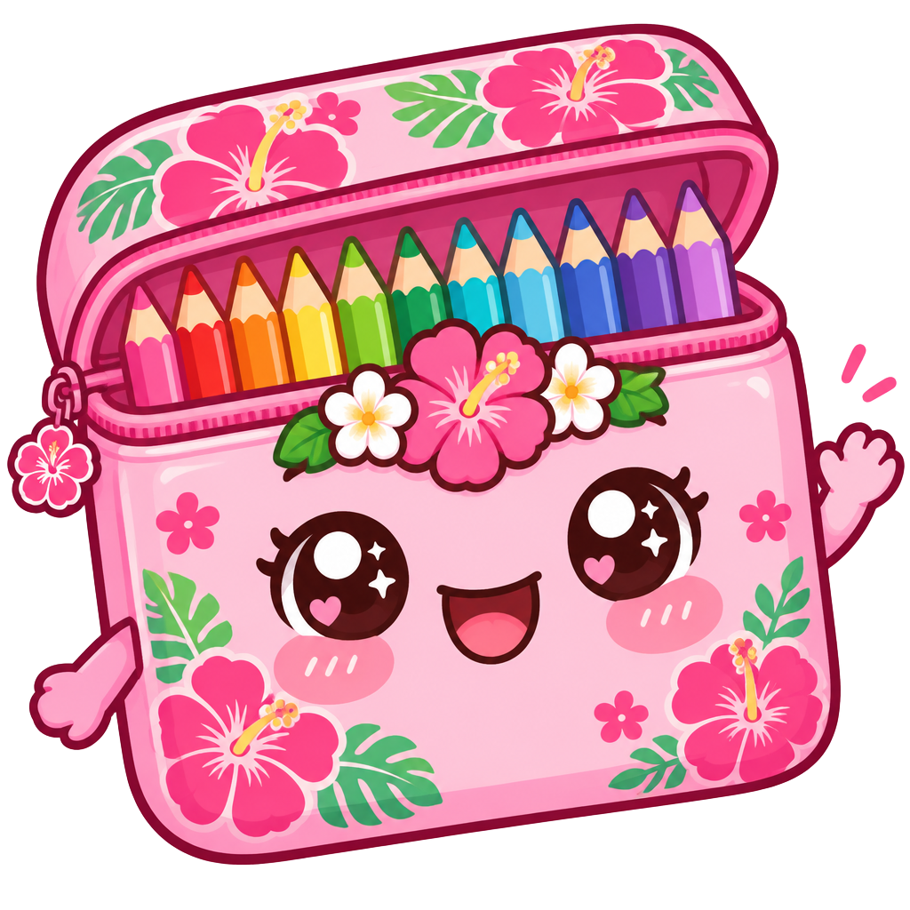 A happy Hawaiian pencil box full of coloured pencils, with a flower crown