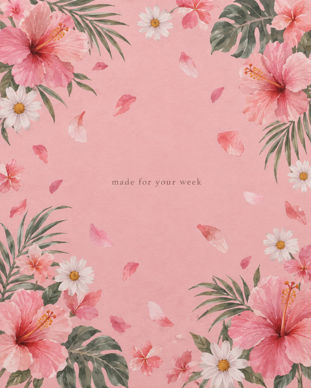 The back page of the planner: soft pink with watercolor flowers, hibiscus blooms and drifting petals
